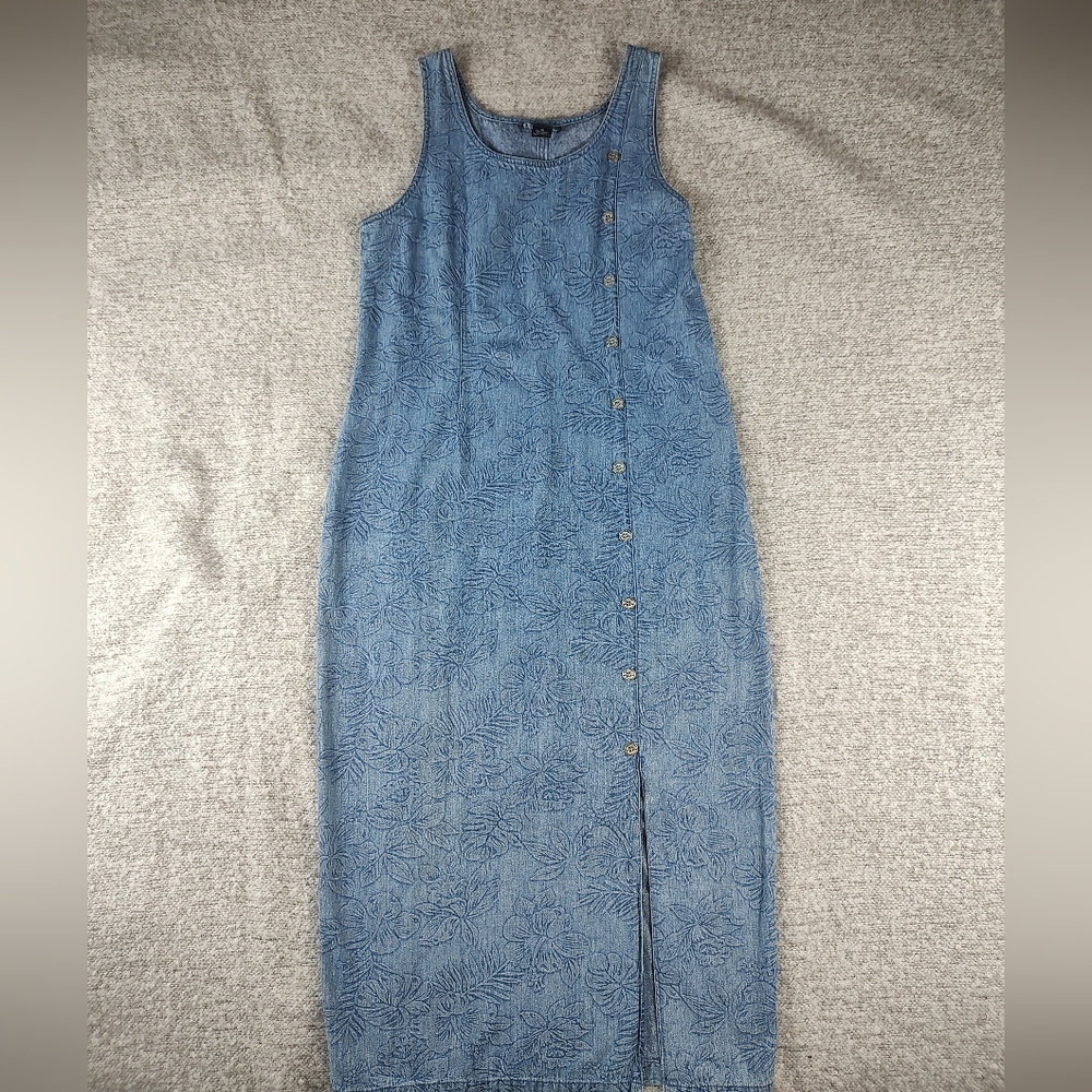 Blue J Sleeveless Denim Dress Captain Maxi Floral Tank Bodycon Medium Vintage